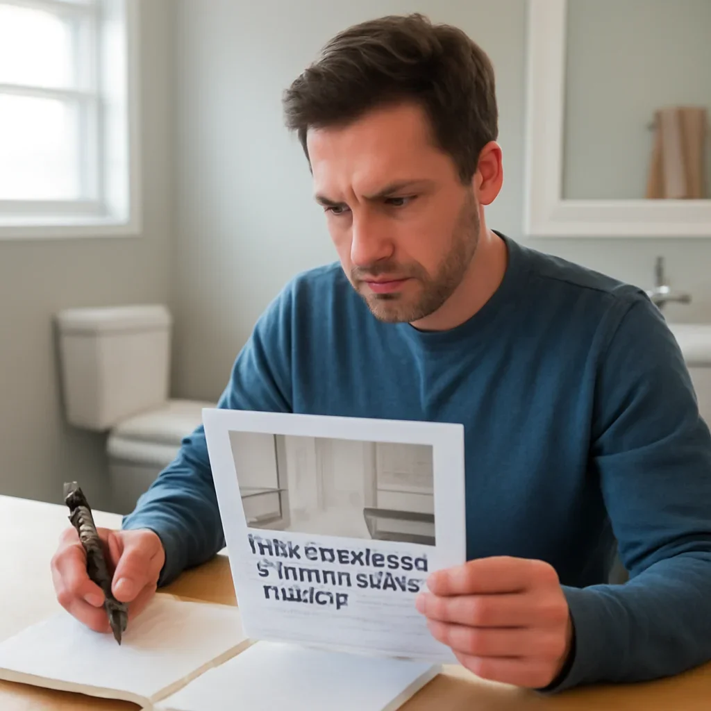 Homeowner turning article research into renovation planning for small bathroom layout mistakes to avoid