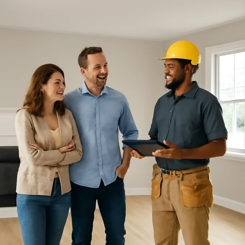Project walkthrough in a finished renovation with homeowners and contractor