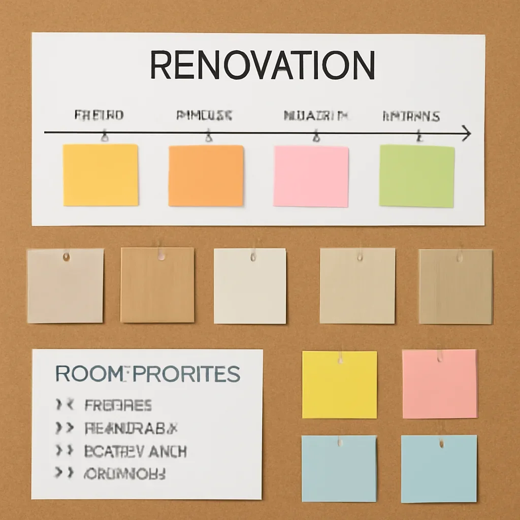 Renovation planning board with timeline, finishes, and room priorities
