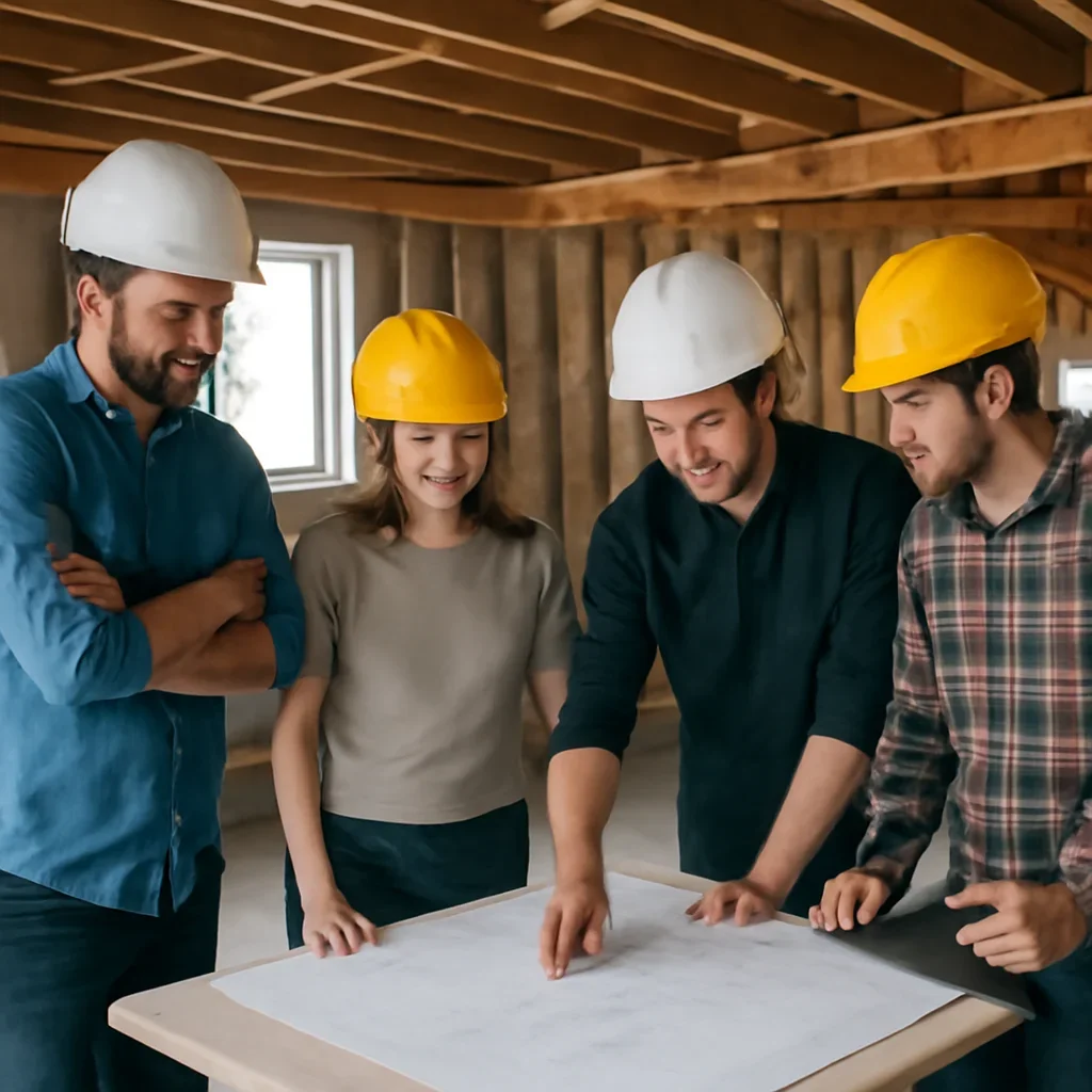 Renovation team discussing basement renovation scope for a Abbotsford property