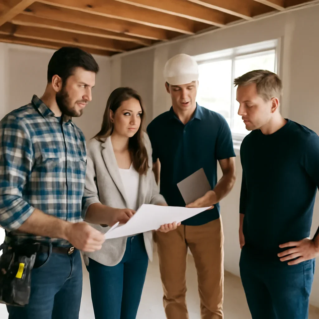 Renovation team discussing basement renovation scope for a Coquitlam property