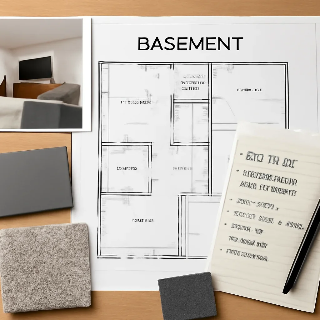 Basement Renovation planning materials for a project in Delta, BC