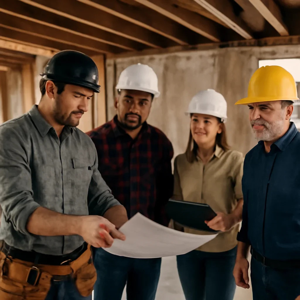 Renovation team discussing basement renovation scope for a Kamloops property