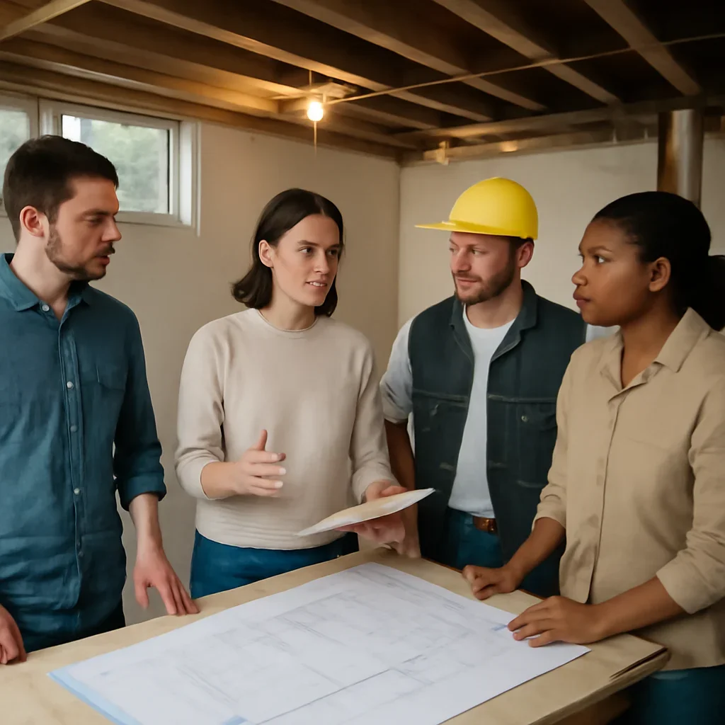 Renovation team discussing basement renovation scope for a Langley property