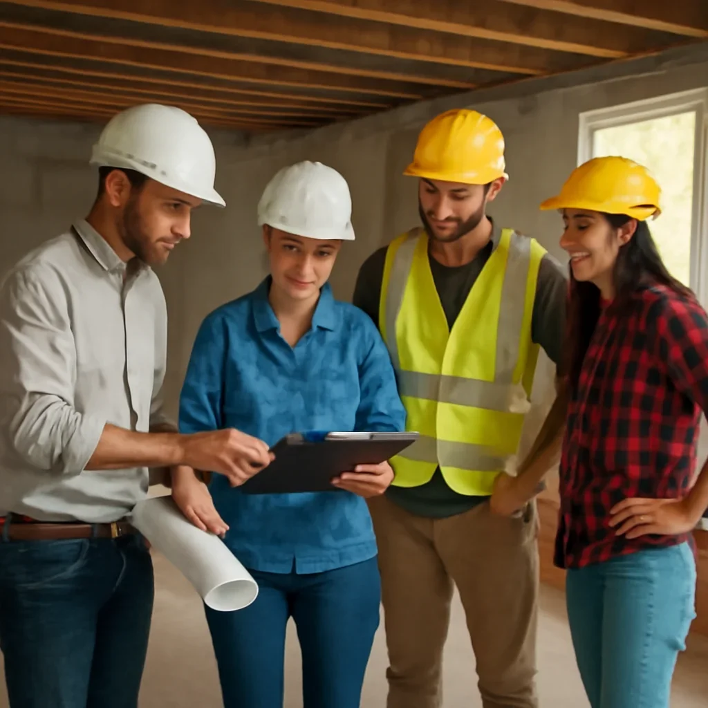 Renovation team discussing basement renovation scope for a Maple Ridge property