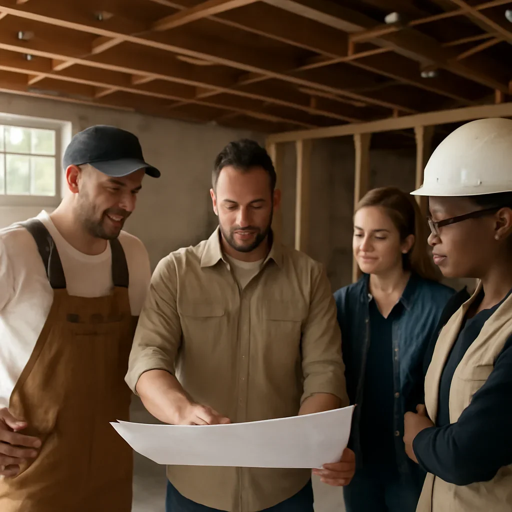 Renovation team discussing basement renovation scope for a Nanaimo property