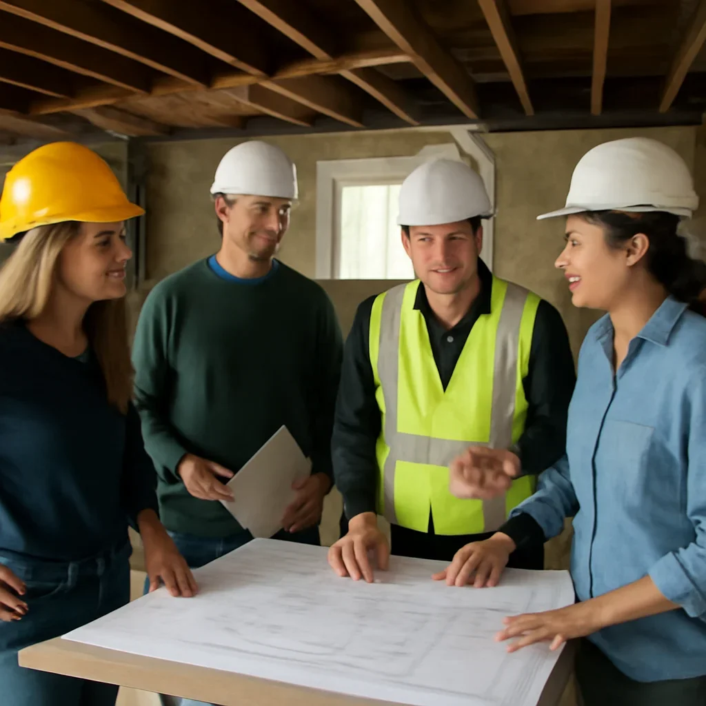 Renovation team discussing basement renovation scope for a North Vancouver property