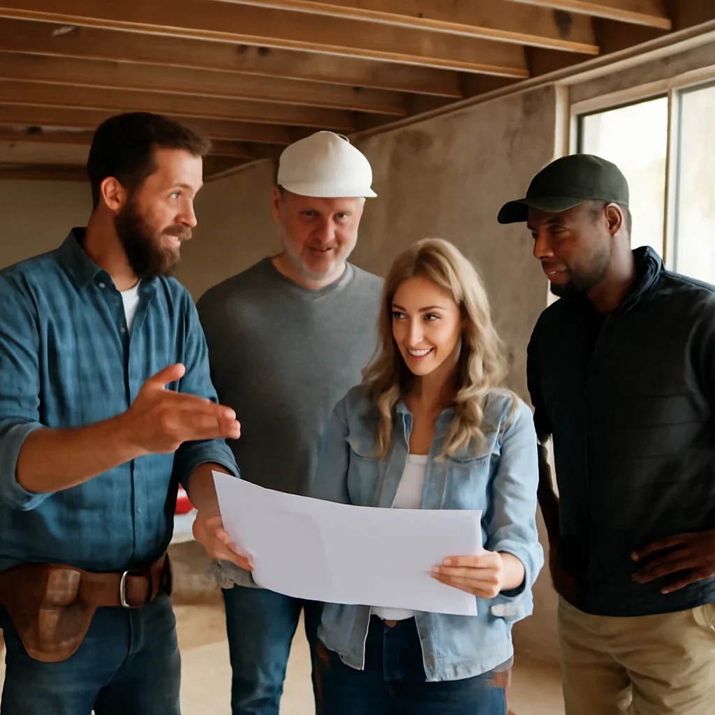 Renovation team discussing basement renovation scope for a Victoria property