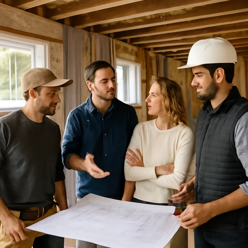 Renovation team discussing basement renovation scope for a West Vancouver property