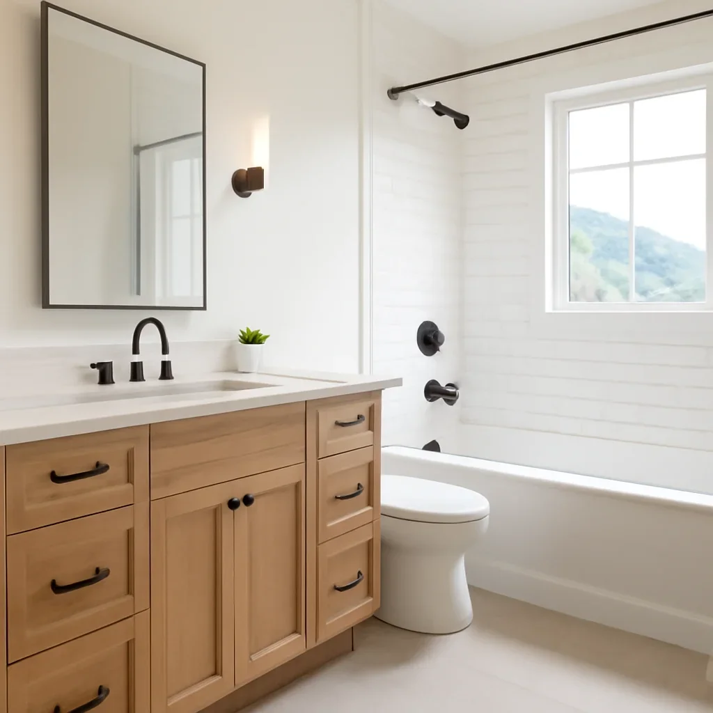 Bright finished bathroom with custom vanity and clean tile detailing