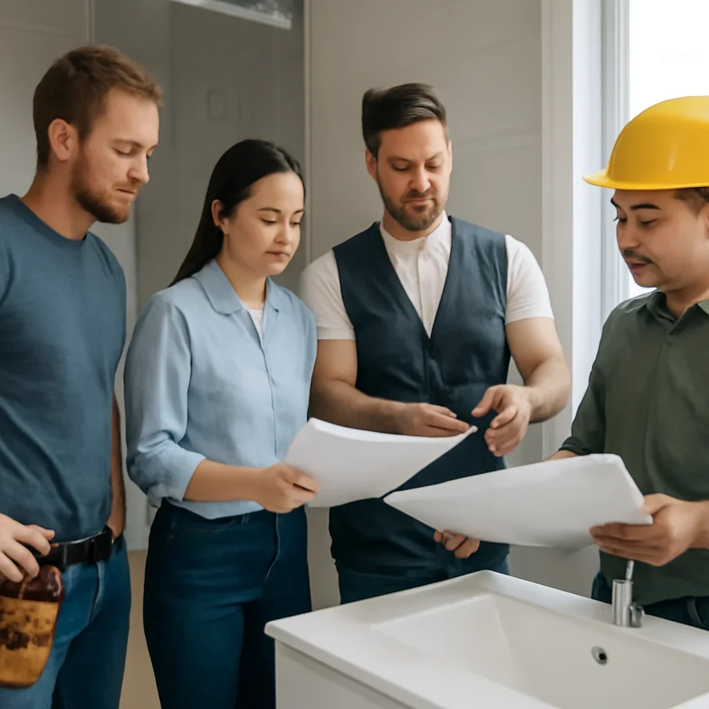 Renovation team discussing bathroom renovation scope for a Coquitlam property
