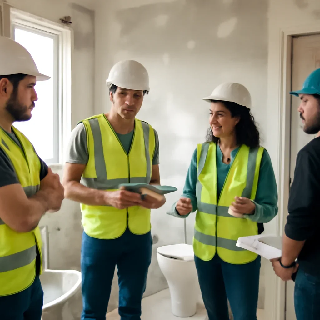 Renovation team discussing bathroom renovation scope for a Delta property