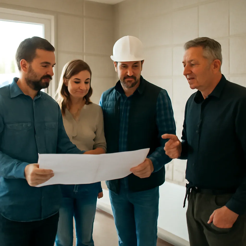 Renovation team discussing bathroom renovation scope for a Kamloops property