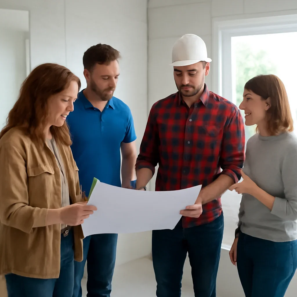 Renovation team discussing bathroom renovation scope for a Langley property