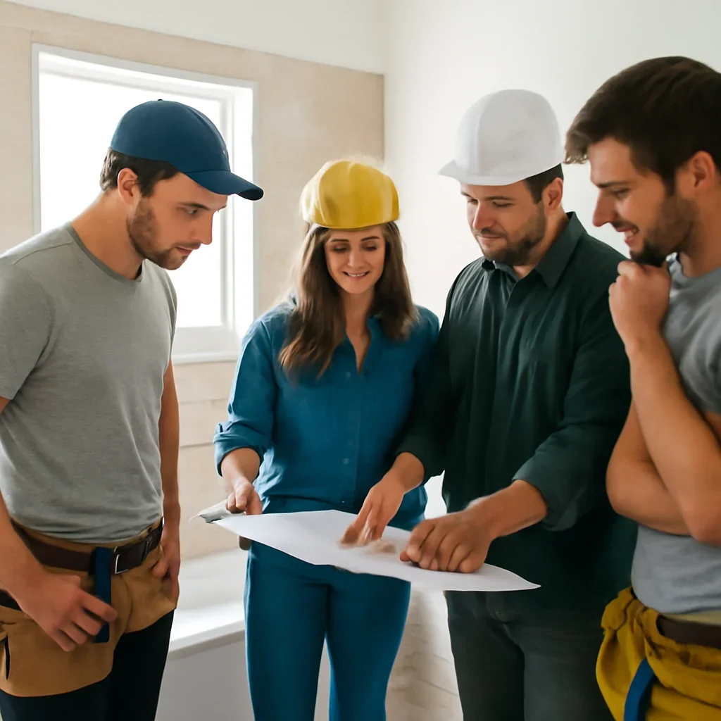 Renovation team discussing bathroom renovation scope for a Surrey property