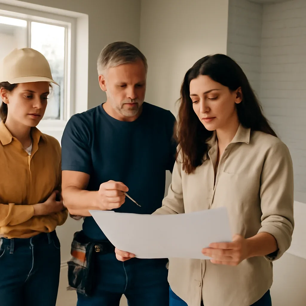Renovation team discussing bathroom renovation scope for a Victoria property