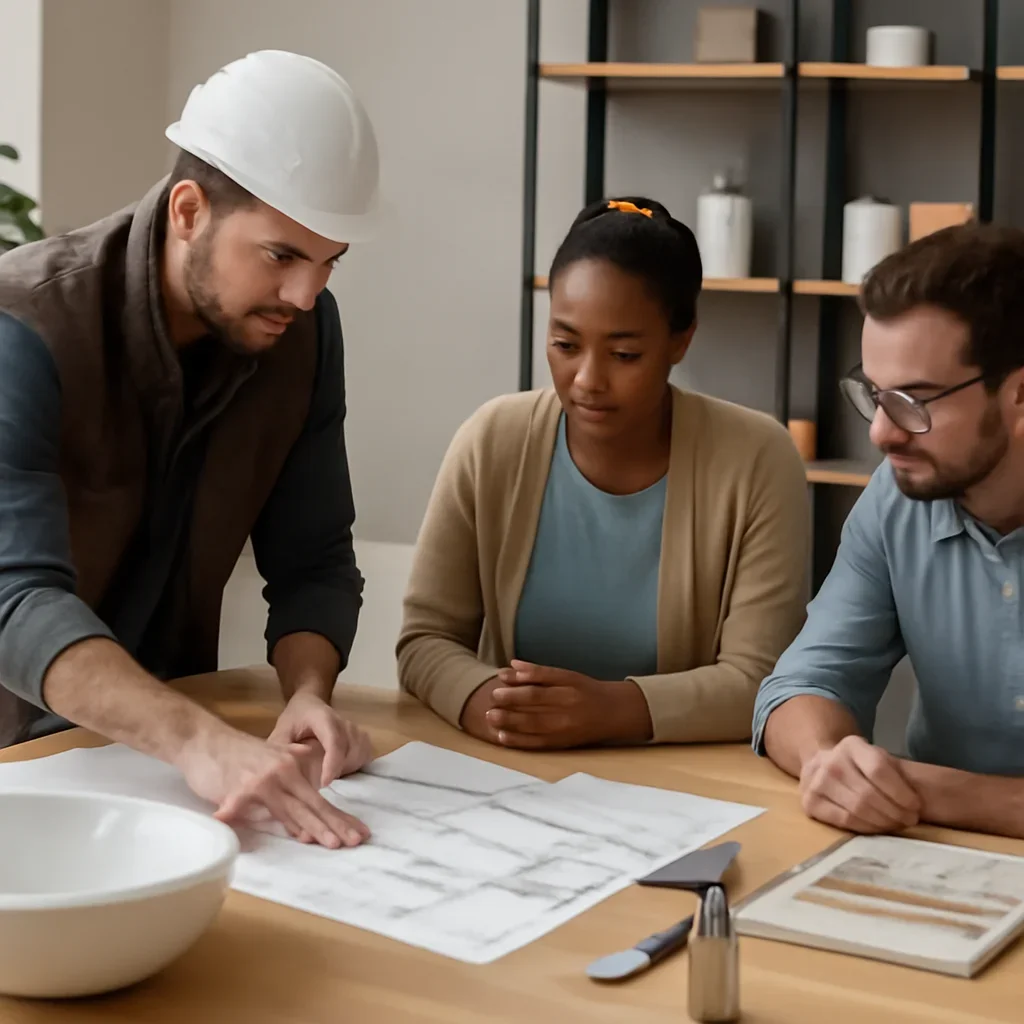 Contractor reviewing bathroom renovation drawings and fixture layout