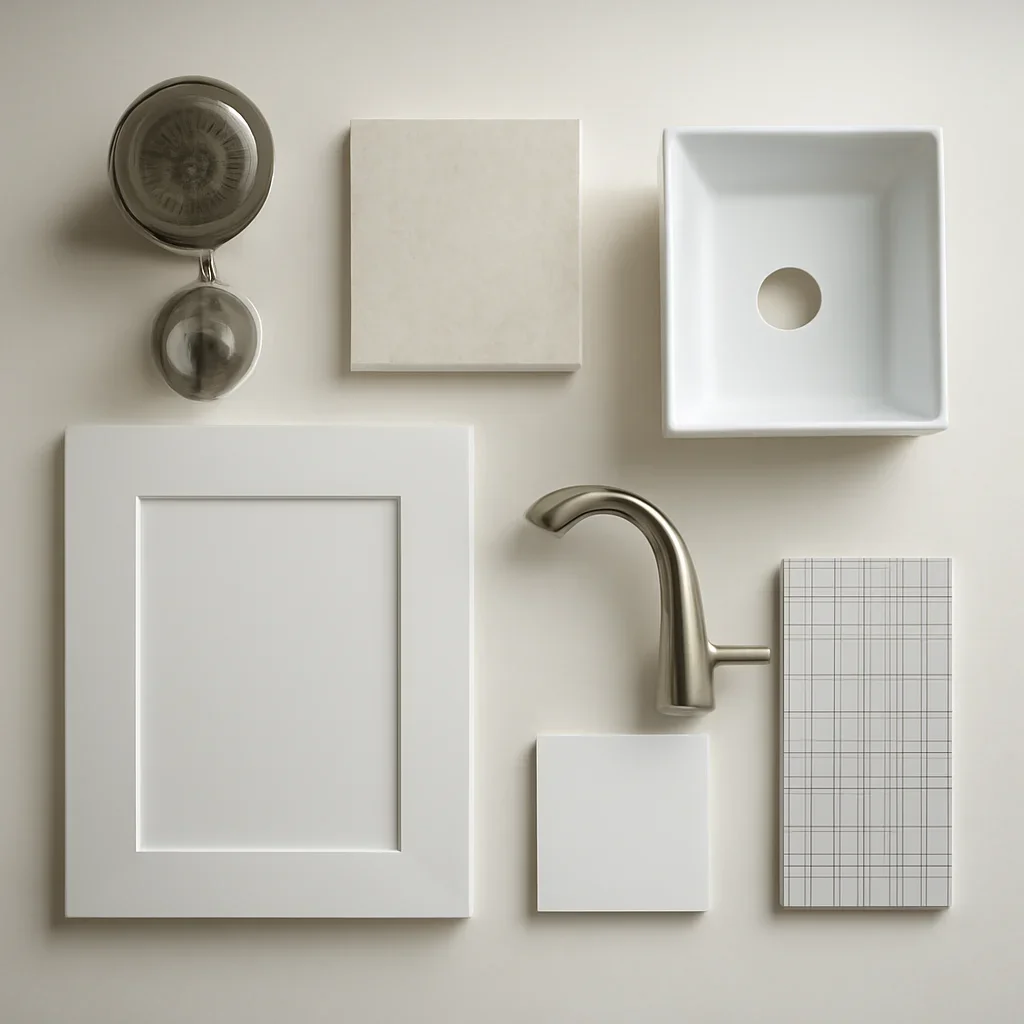 Bathroom materials board with tile, fixtures, and vanity selections