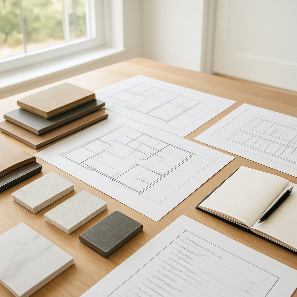 Renovation planning documents and material samples for a BC home project