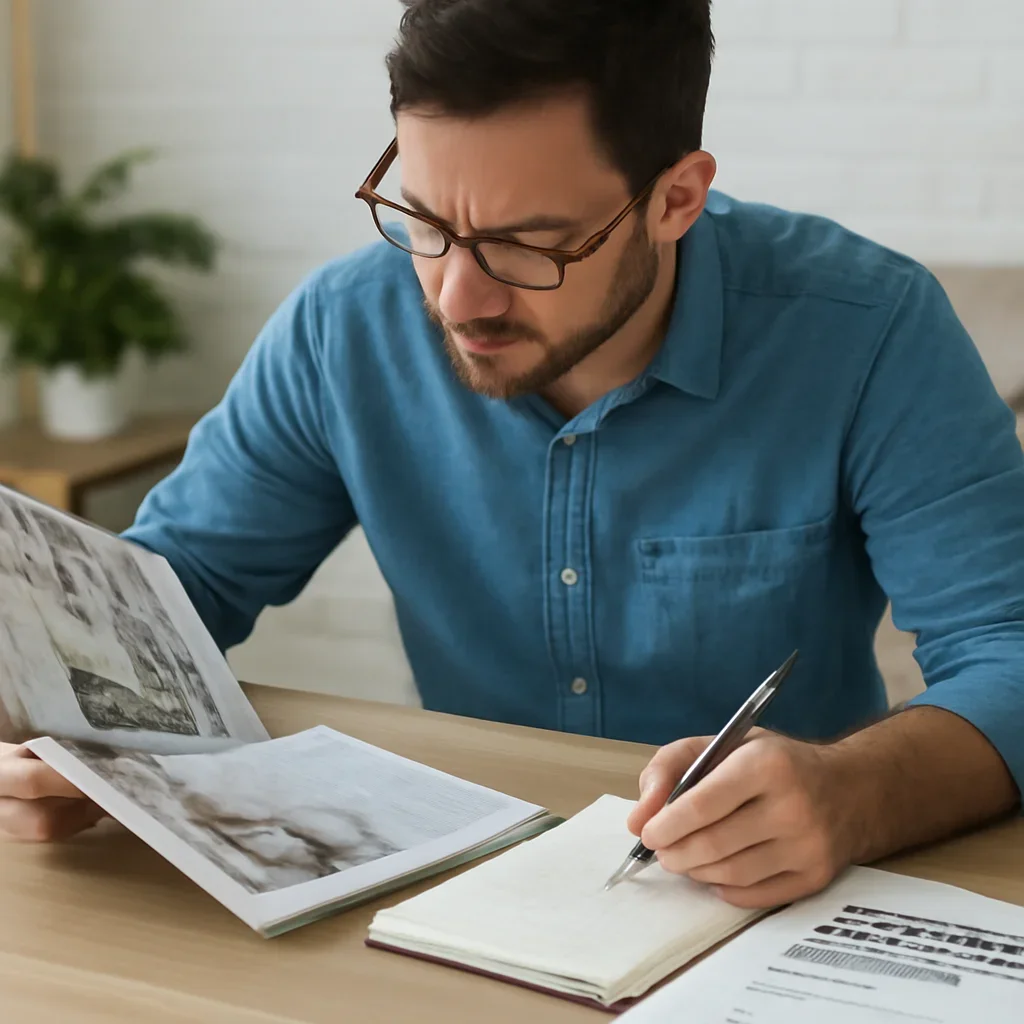 Homeowner turning article research into renovation planning for commercial renovation planning checklist