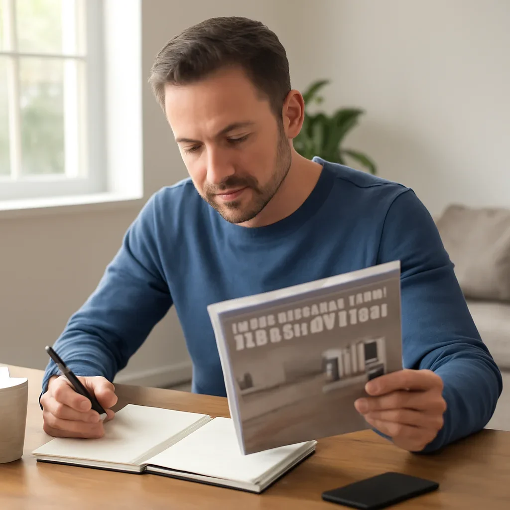 Homeowner turning article research into renovation planning for flooring updates that transform a renovation