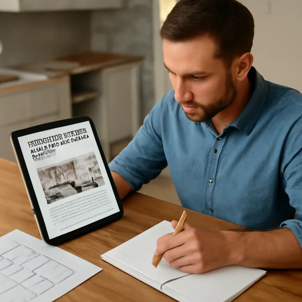 Homeowner turning article research into renovation planning for kitchen renovation cost mistakes to avoid