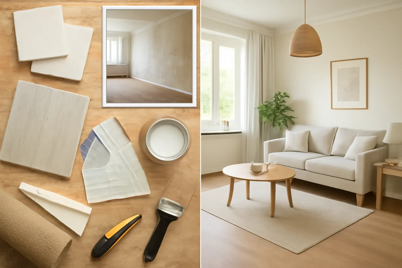 Before-and-after renovation materials and finished room photography