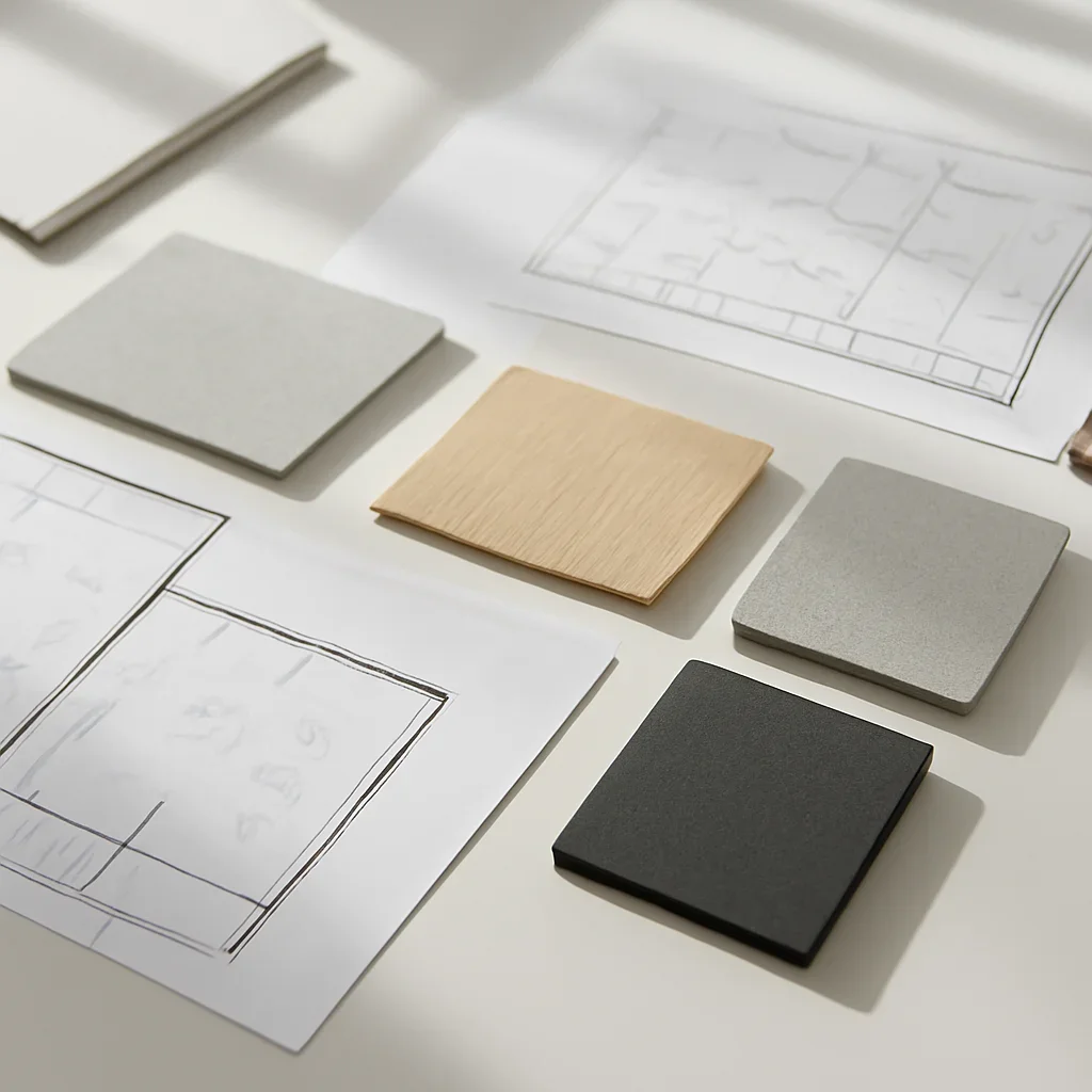 Commercial renovation drawings, finish boards, and workspace layout planning
