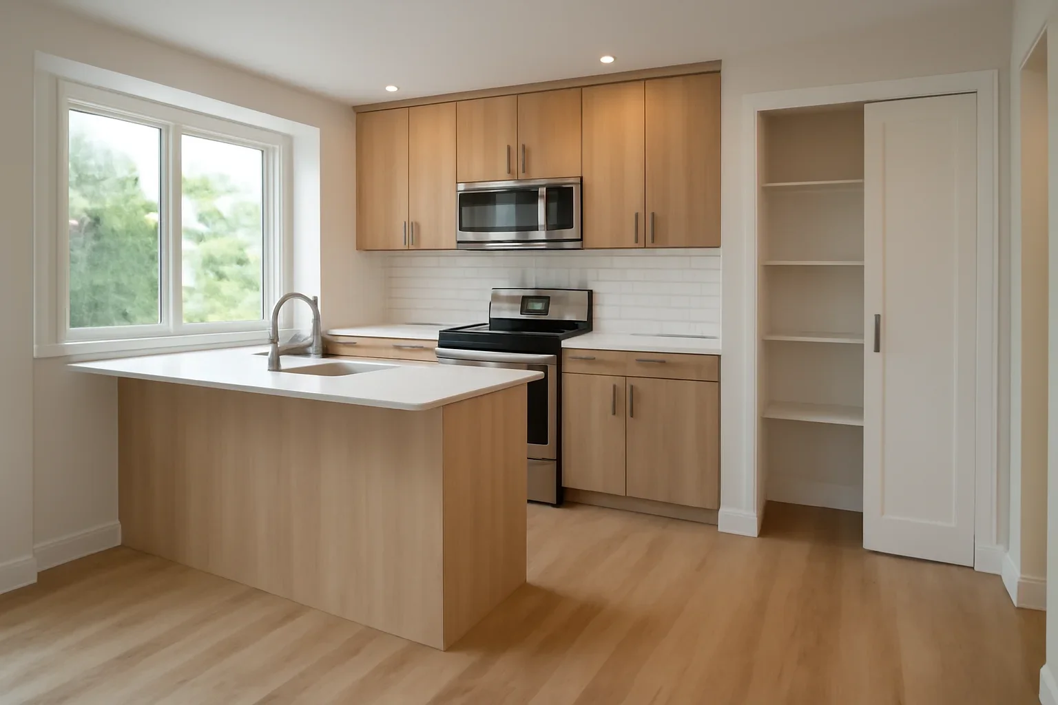 Condo renovation with updated kitchen, flooring, and compact storage solutions