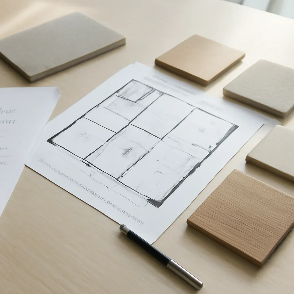 Condo renovation planning with strata documents, finish samples, and measured layout
