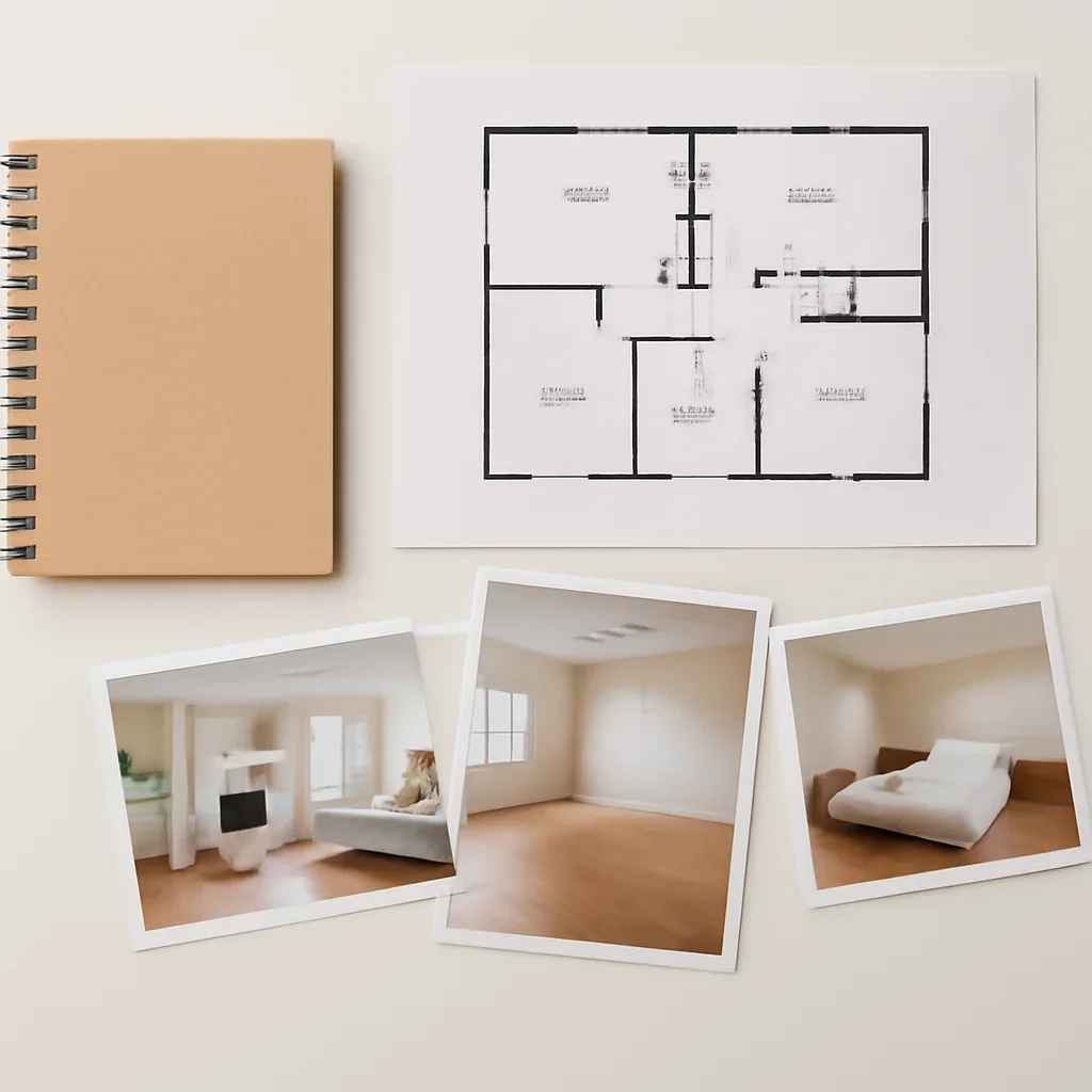 Renovation inquiry notes, floor plans, and room photos prepared for review
