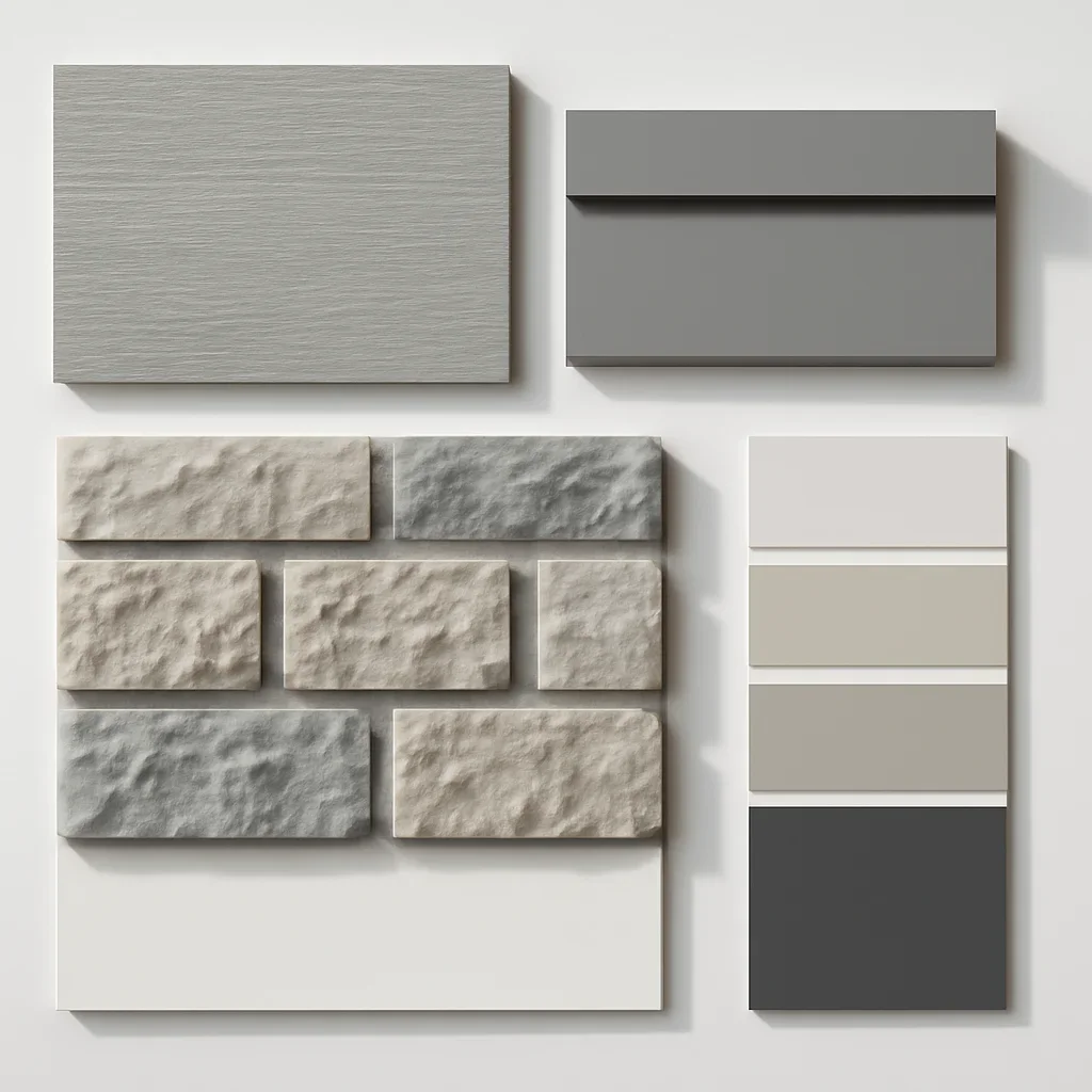 Exterior material board with cladding, trim, and colour selections