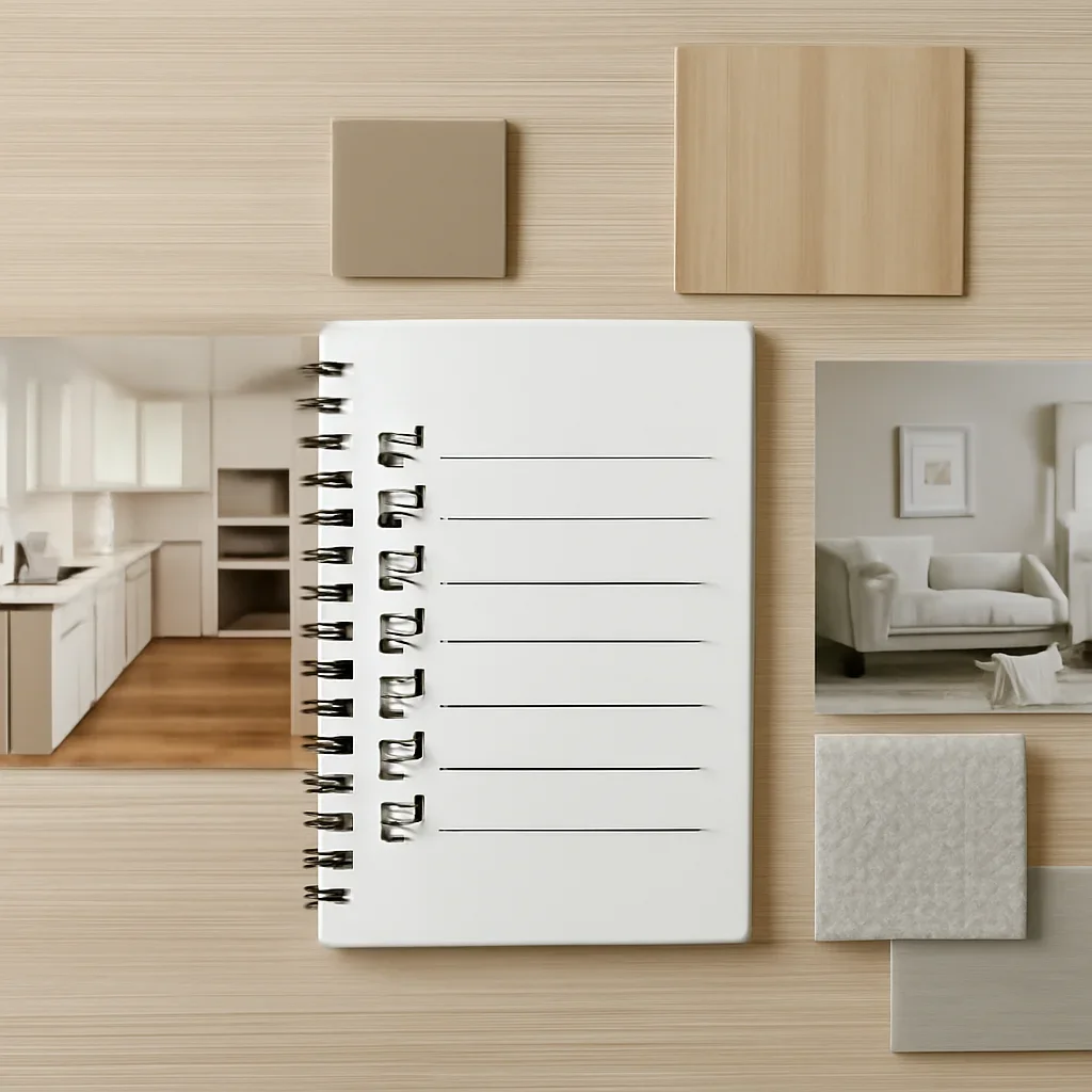 Checklist of common renovation questions beside room photos and samples
