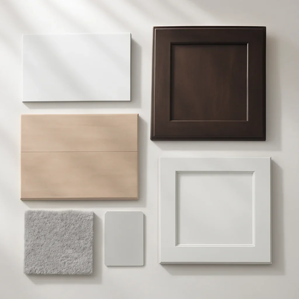Whole-home renovation material board with flooring, cabinetry, and trim selections