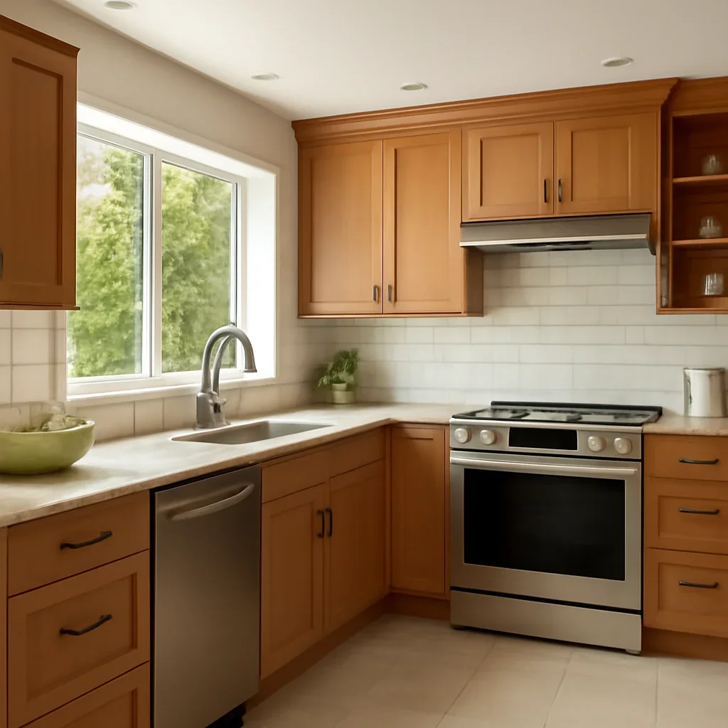 Finished kitchen with warm cabinetry, durable counters, and organized storage