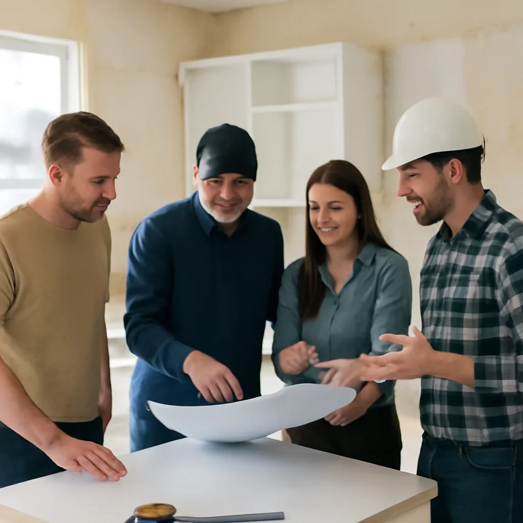 Renovation team discussing kitchen renovation scope for a Chilliwack property