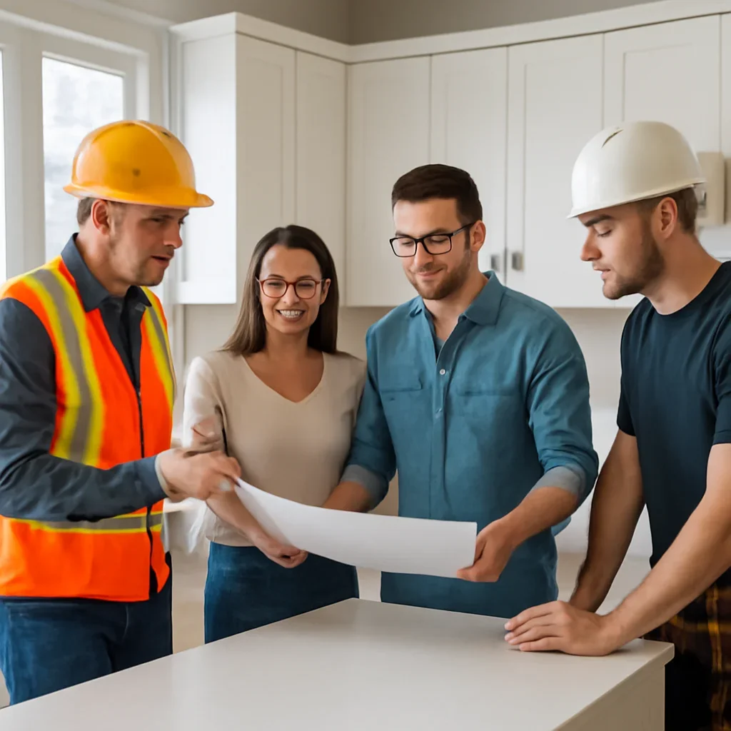 Renovation team discussing kitchen renovation scope for a Coquitlam property