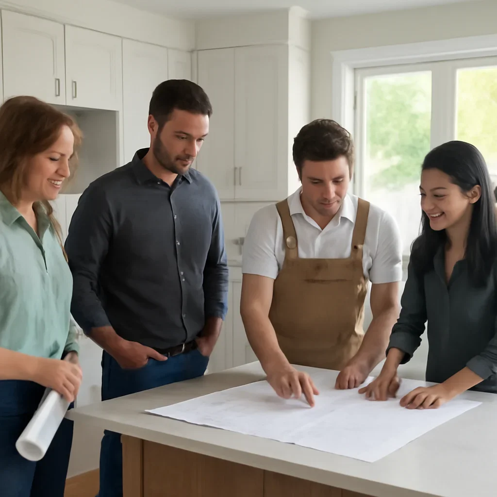 Renovation team discussing kitchen renovation scope for a Langley property