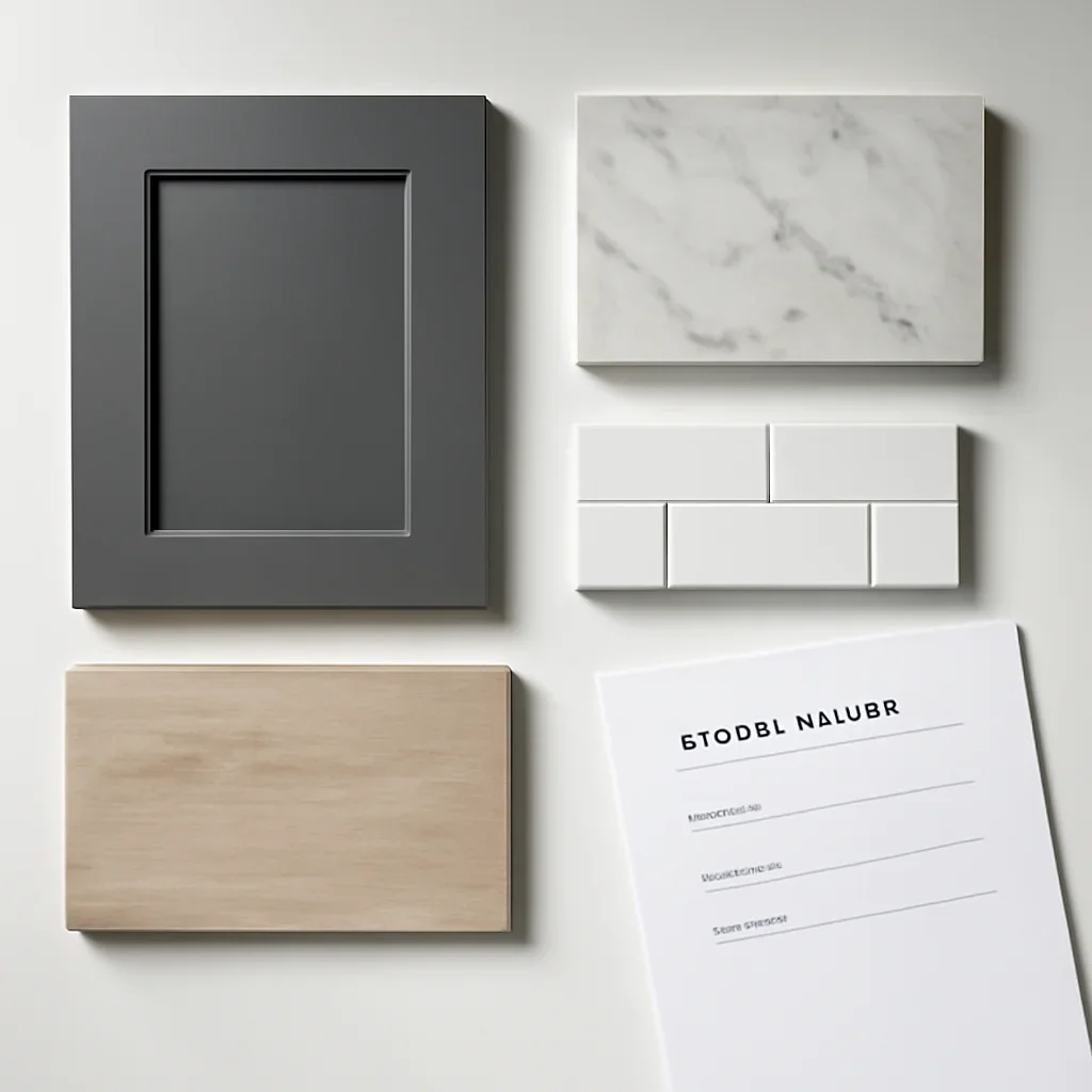 Kitchen renovation material selections including cabinetry, counters, and backsplash