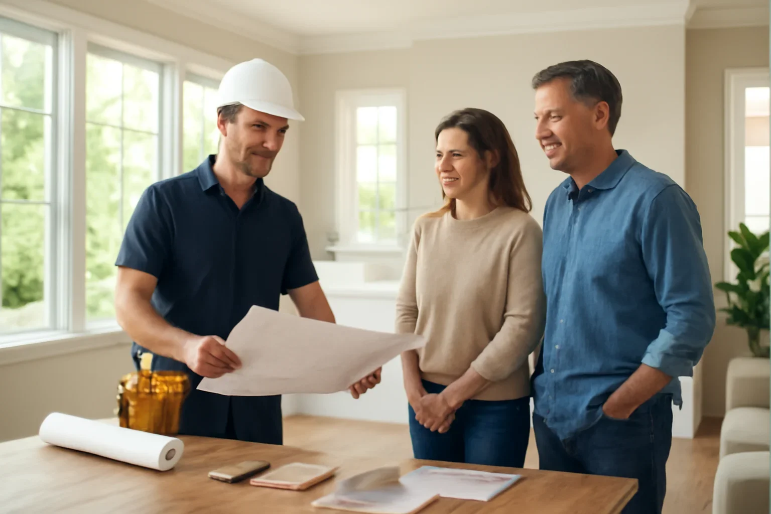 Renovation contractor meeting with homeowners to review project scope