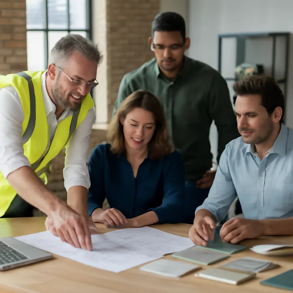Contractor coordinating renovation schedule, materials, and site logistics