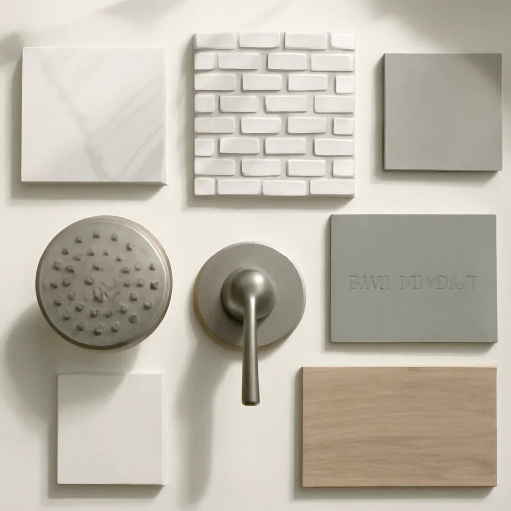 Shower renovation samples including tile, hardware, and waterproofing details