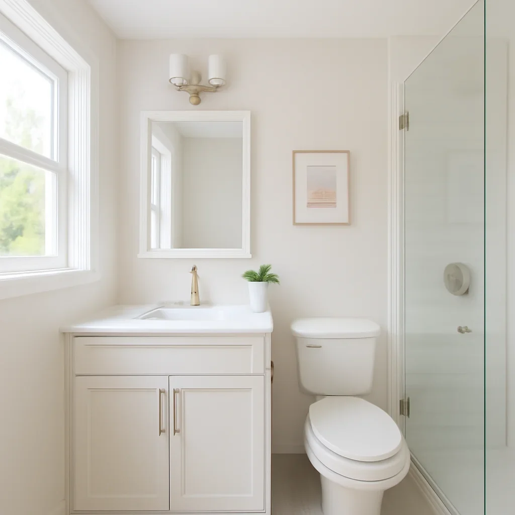 Finished small bathroom designed to feel bright, open, and efficient