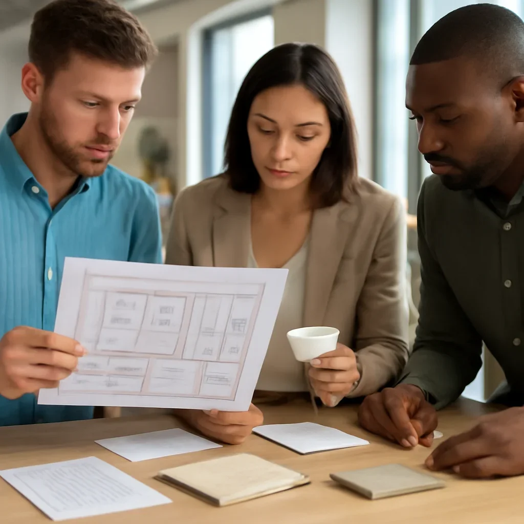Designer reviewing small bathroom fixture placement and storage options