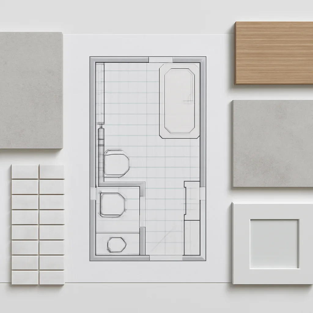 Compact bathroom layout sketch with tile and storage planning