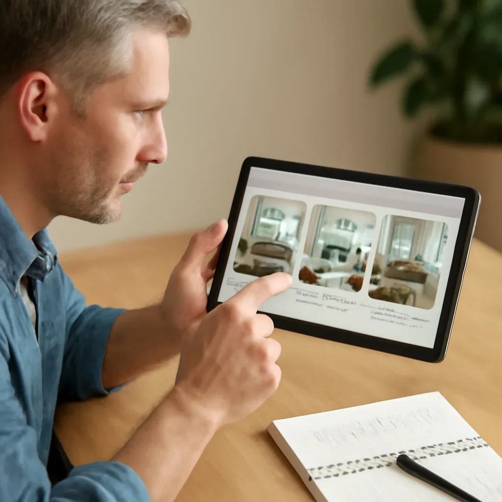 Property owner comparing renovation solution options on a tablet