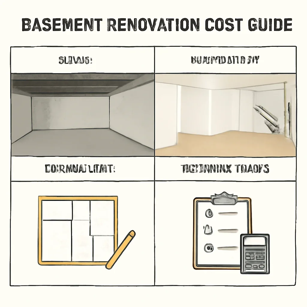 Basement Renovation Cost Guide comparison board for project scope and finish levels