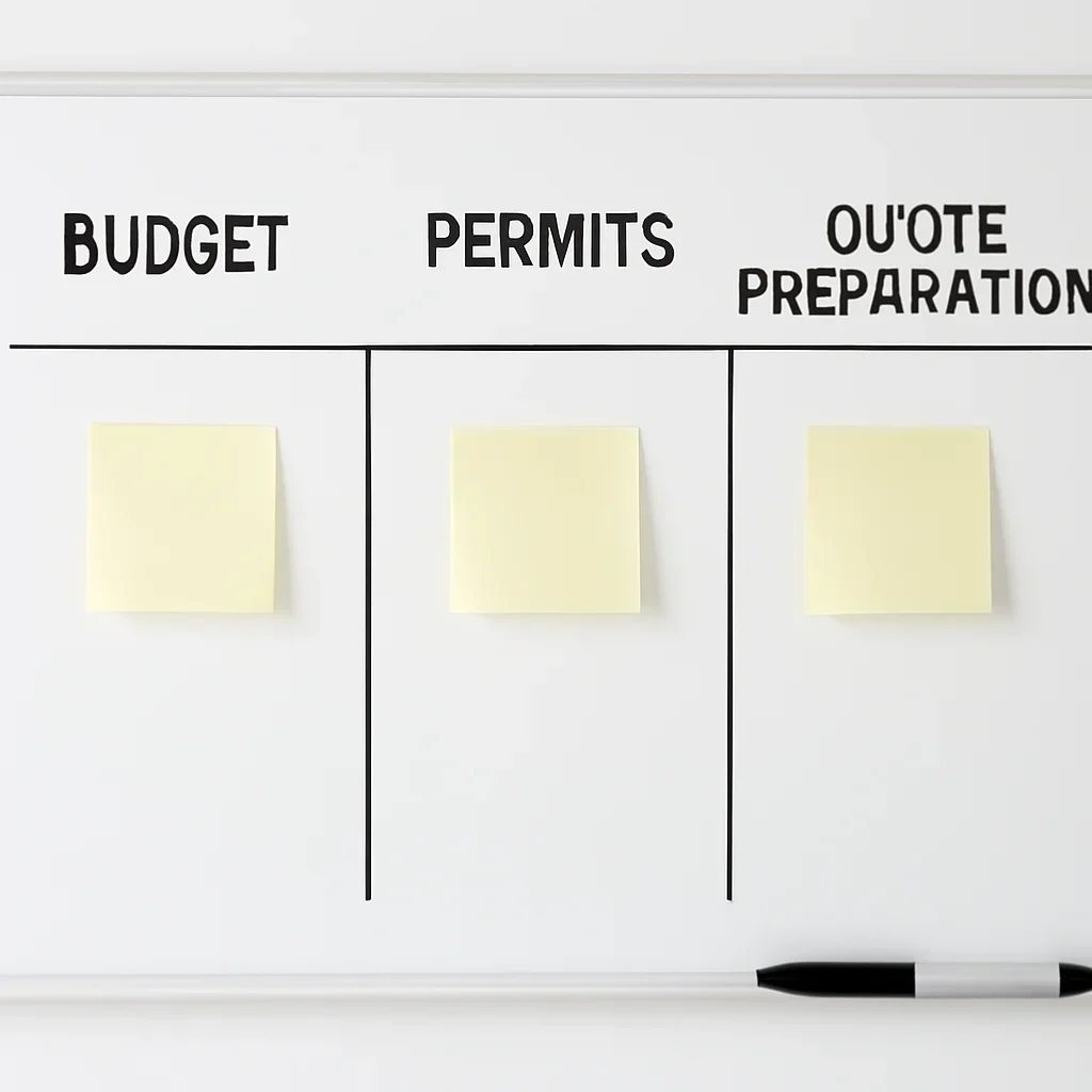 Support hub board showing budget, permits, and quote preparation topics